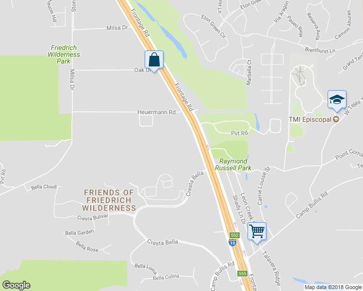 map of restaurants, bars, coffee shops, grocery stores, and more near 20689 Interstate 10 Frontage Road in San Antonio