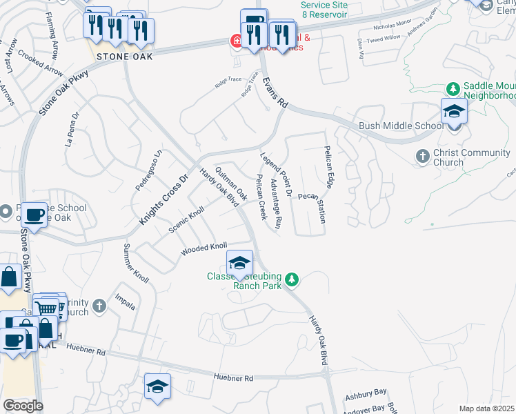 map of restaurants, bars, coffee shops, grocery stores, and more near 21947 Pelican Creek in San Antonio