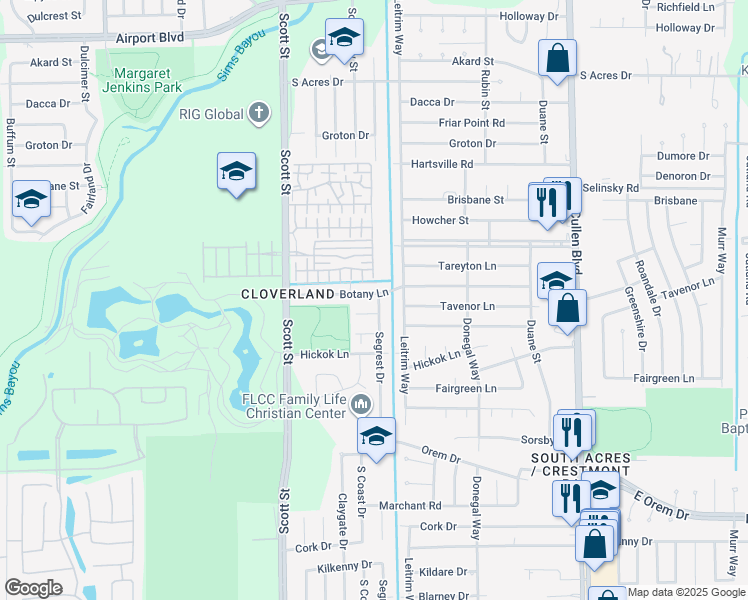 map of restaurants, bars, coffee shops, grocery stores, and more near 11607 Segrest Drive in Houston