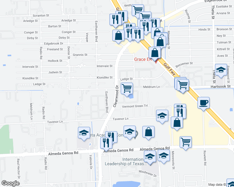 map of restaurants, bars, coffee shops, grocery stores, and more near 9456 Clearwood Drive in Houston