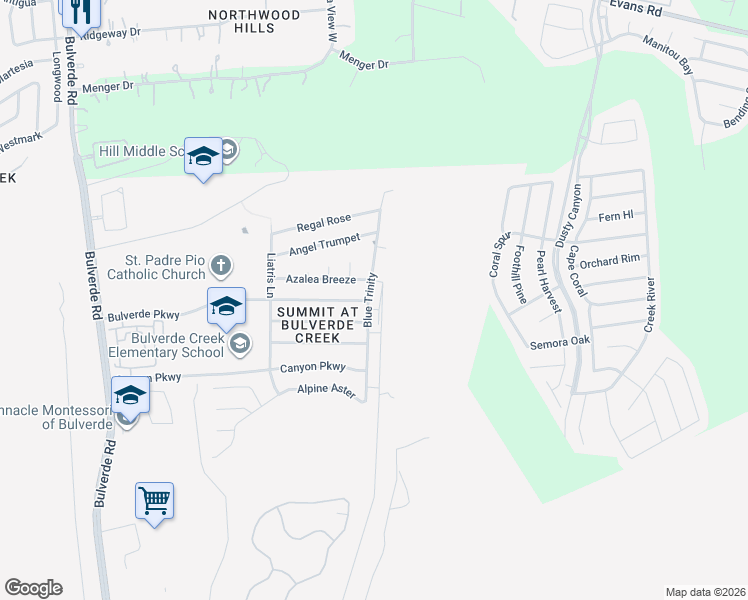 map of restaurants, bars, coffee shops, grocery stores, and more near 20718 Blue Trinity in San Antonio