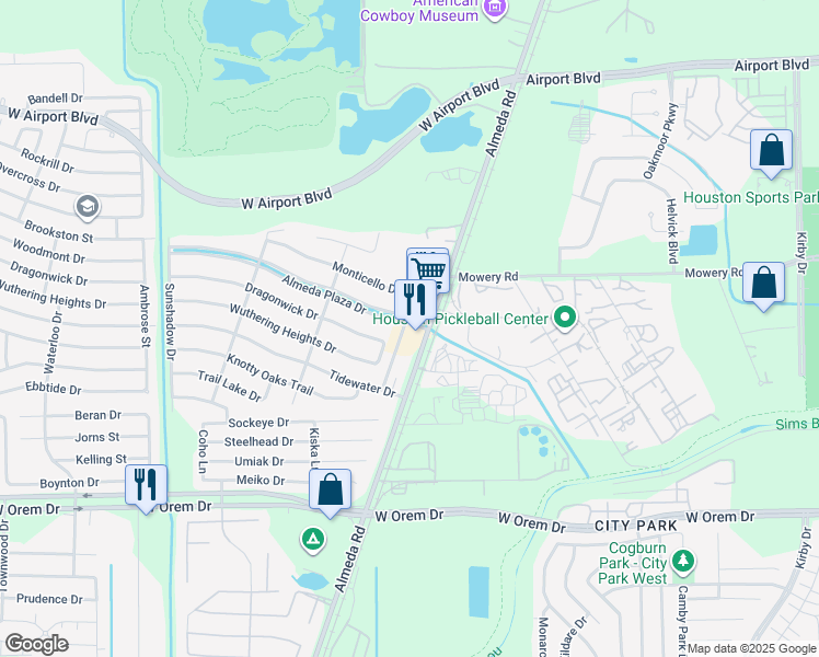 map of restaurants, bars, coffee shops, grocery stores, and more near 12202 Almeda Road in Houston