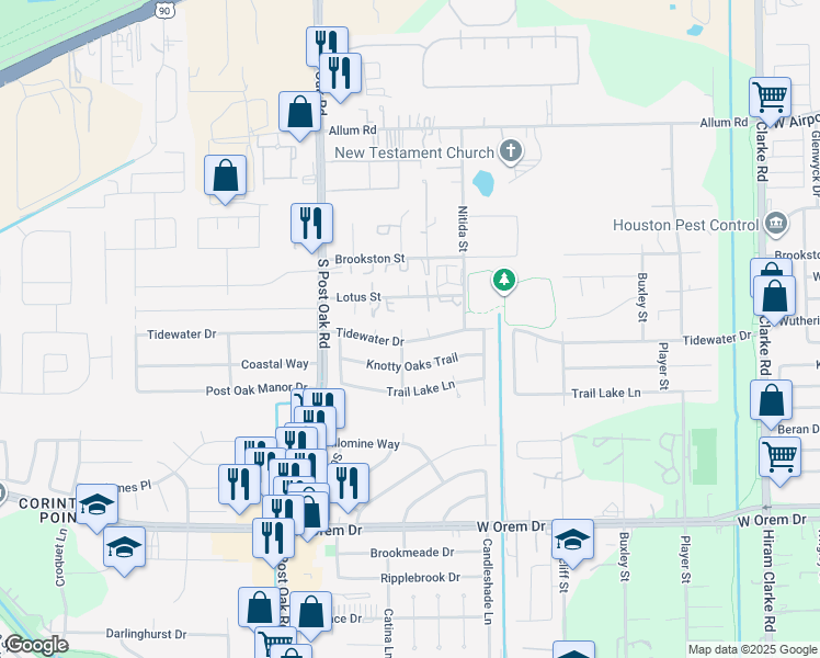 map of restaurants, bars, coffee shops, grocery stores, and more near 13207 Santa Teresa Road in Houston