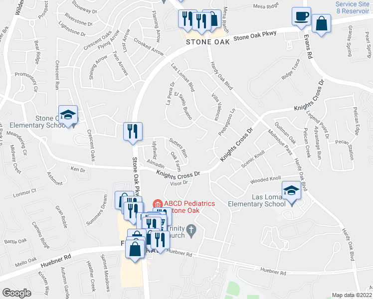 map of restaurants, bars, coffee shops, grocery stores, and more near 1019 Sutters Rim in San Antonio