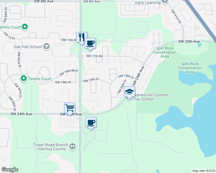 map of restaurants, bars, coffee shops, grocery stores, and more near 2123 Southwest 72 Street in Gainesville
