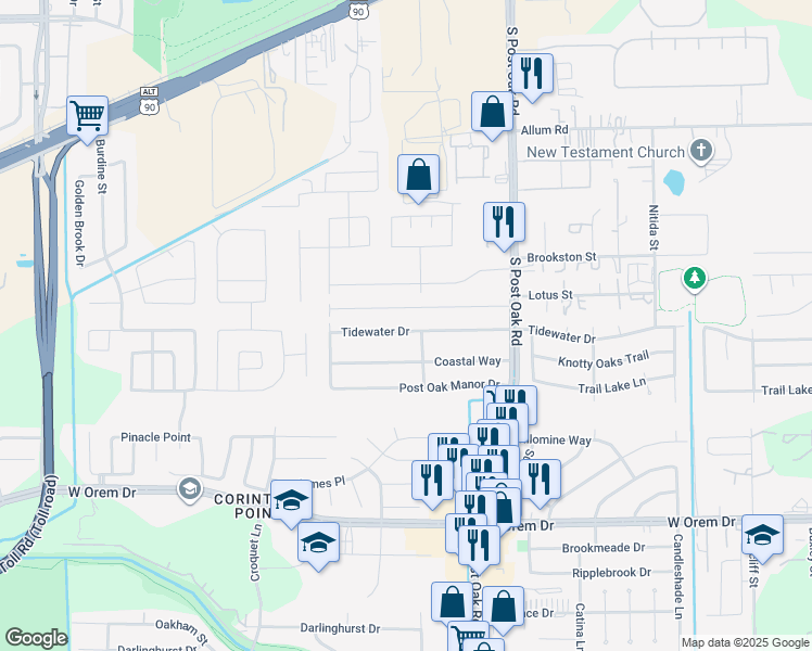 map of restaurants, bars, coffee shops, grocery stores, and more near 5618 Tidewater Drive in Houston