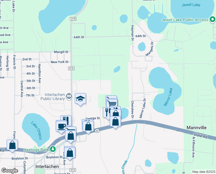 map of restaurants, bars, coffee shops, grocery stores, and more near 156 Westwood Drive in Interlachen