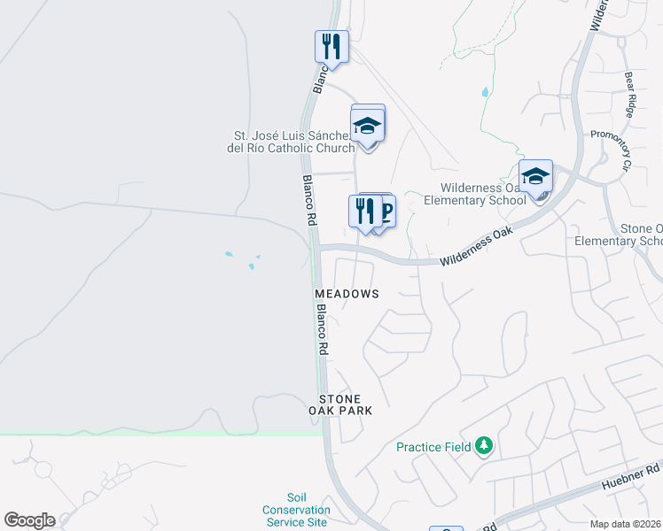 map of restaurants, bars, coffee shops, grocery stores, and more near 20621 Tree Meadow in San Antonio