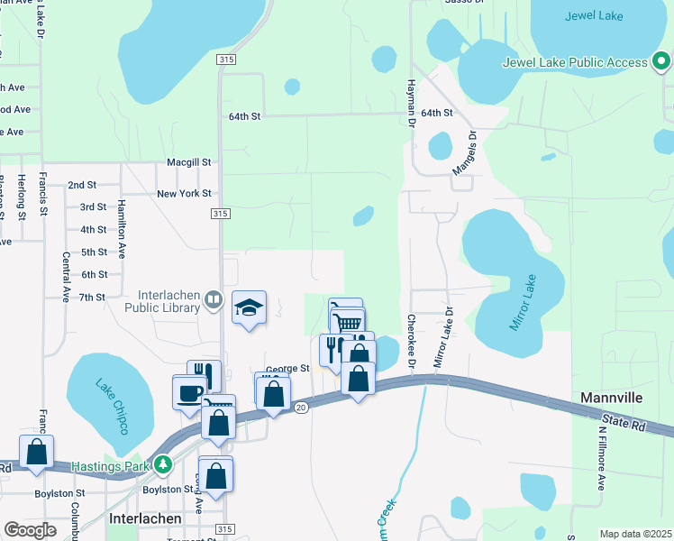 map of restaurants, bars, coffee shops, grocery stores, and more near 156 Westwood Drive in Interlachen