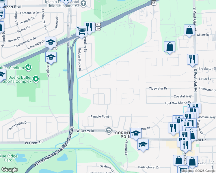 map of restaurants, bars, coffee shops, grocery stores, and more near 6114 Spruce Manor Lane in Houston