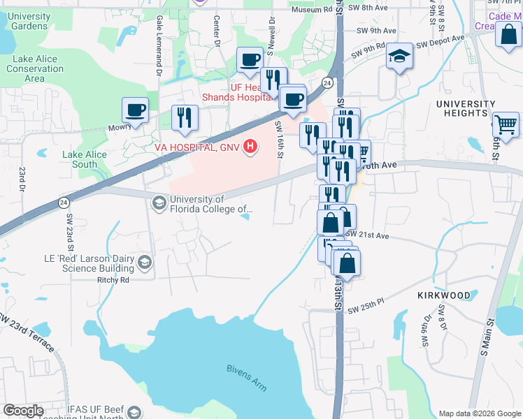 map of restaurants, bars, coffee shops, grocery stores, and more near 2000 Southwest 16th Street in Gainesville