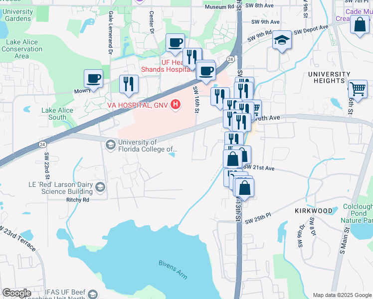 map of restaurants, bars, coffee shops, grocery stores, and more near 2000 Southwest 16th Street in Gainesville