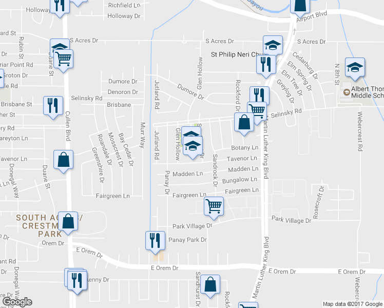 map of restaurants, bars, coffee shops, grocery stores, and more near 5650 Selinsky Rd in Houston
