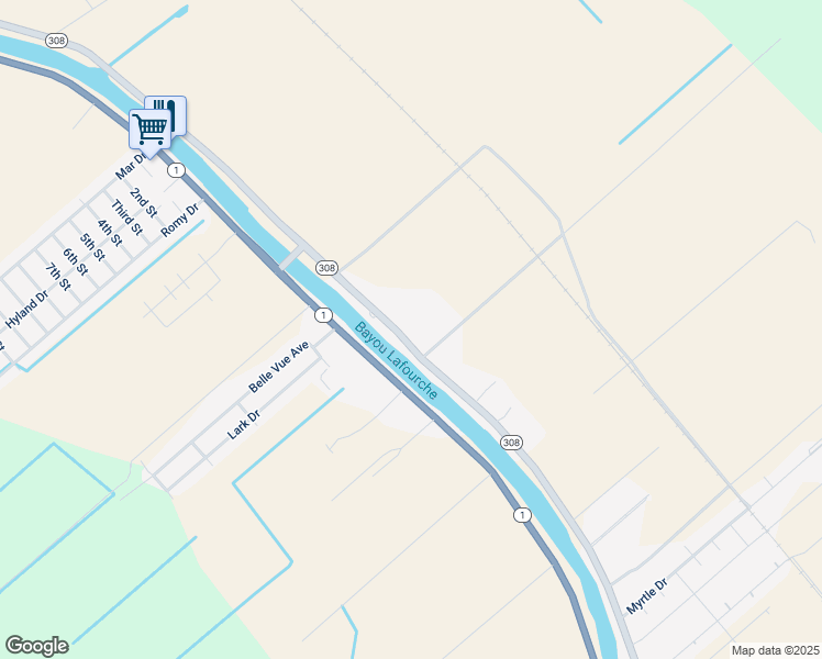 map of restaurants, bars, coffee shops, grocery stores, and more near 7491 Louisiana 308 in Lockport