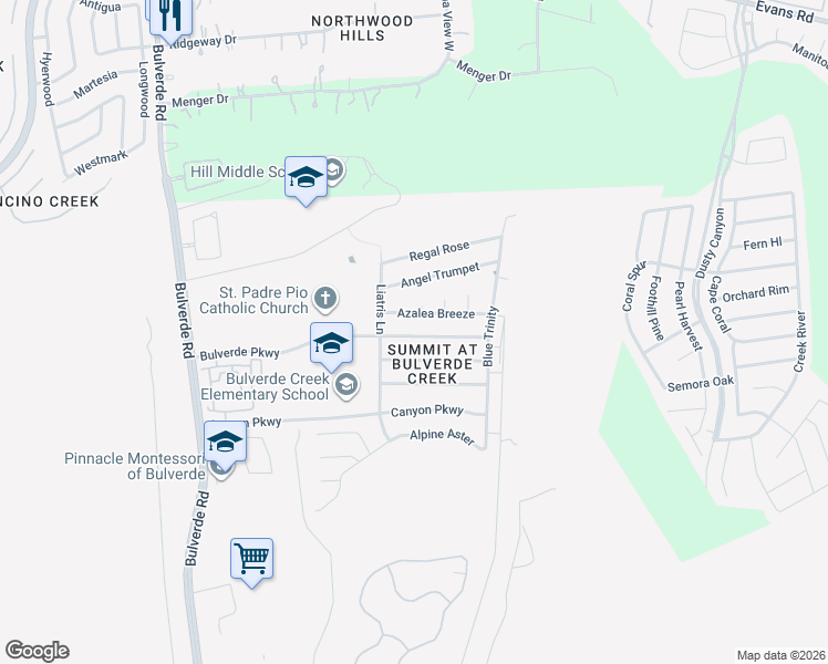 map of restaurants, bars, coffee shops, grocery stores, and more near 3931 Bulverde Parkway in San Antonio
