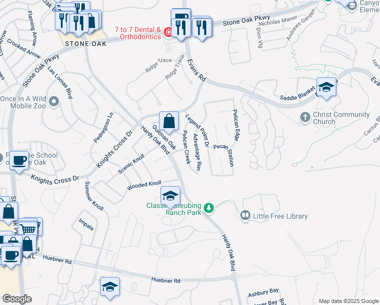 map of restaurants, bars, coffee shops, grocery stores, and more near 21947 Pelican Creek in San Antonio