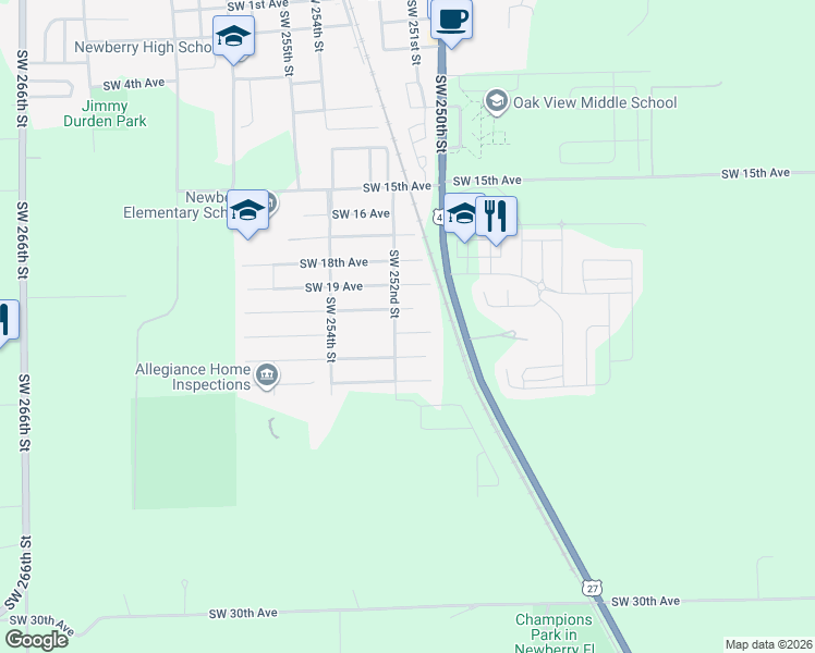 map of restaurants, bars, coffee shops, grocery stores, and more near 25154 Southwest 20th Place in Newberry