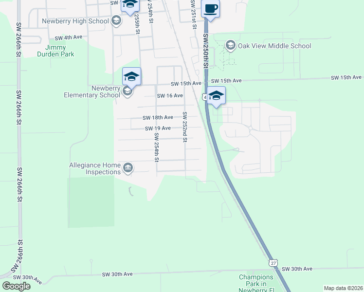 map of restaurants, bars, coffee shops, grocery stores, and more near 25154 Southwest 20th Place in Newberry