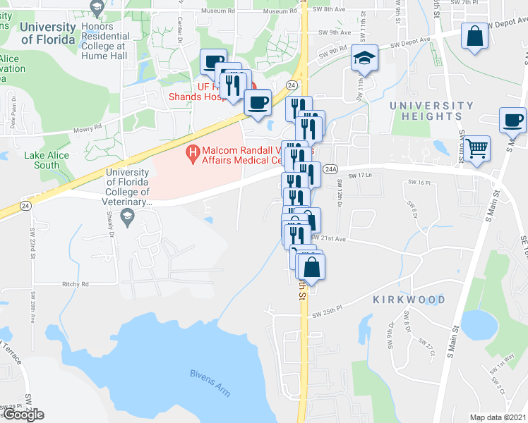 map of restaurants, bars, coffee shops, grocery stores, and more near 2001 Southwest 16th Street in Gainesville