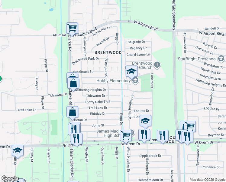 map of restaurants, bars, coffee shops, grocery stores, and more near 4126 Tidewater Drive in Houston