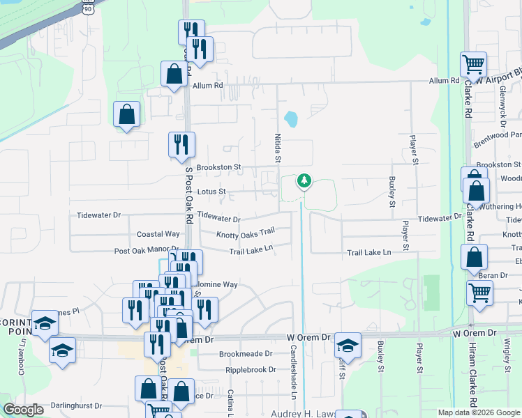 map of restaurants, bars, coffee shops, grocery stores, and more near 5121 Tidewater Drive in Houston