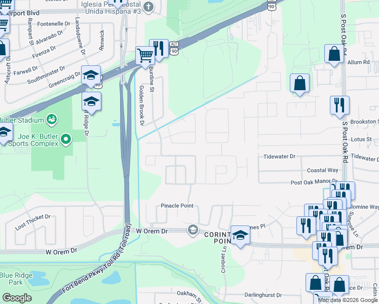 map of restaurants, bars, coffee shops, grocery stores, and more near 6114 Spruce Manor Lane in Houston