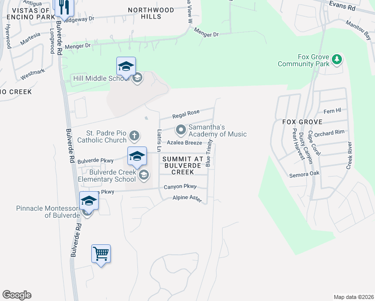 map of restaurants, bars, coffee shops, grocery stores, and more near 4023 Bulverde Parkway in San Antonio