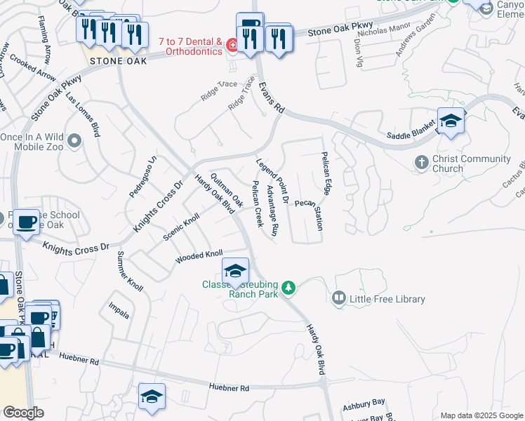 map of restaurants, bars, coffee shops, grocery stores, and more near 21947 Pelican Creek in San Antonio