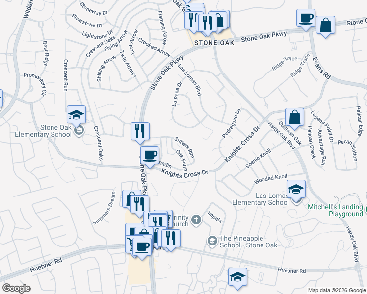 map of restaurants, bars, coffee shops, grocery stores, and more near 1019 Sutters Rim in San Antonio
