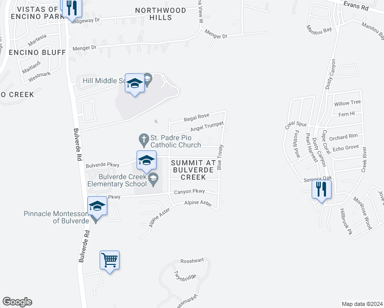 map of restaurants, bars, coffee shops, grocery stores, and more near 3947 Bulverde Parkway in San Antonio