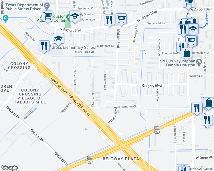 map of restaurants, bars, coffee shops, grocery stores, and more near 11802 McLain Boulevard in Houston
