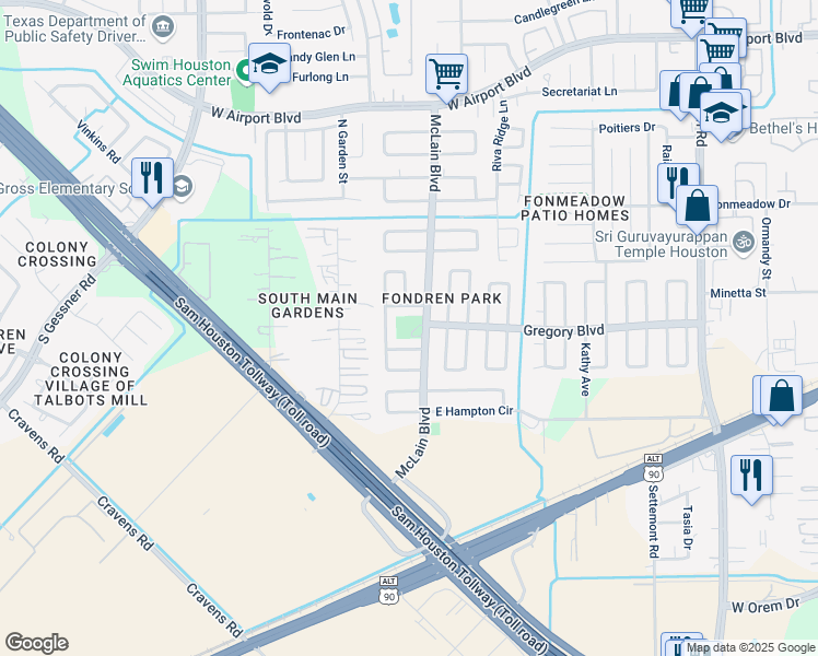map of restaurants, bars, coffee shops, grocery stores, and more near 11802 McLain Boulevard in Houston