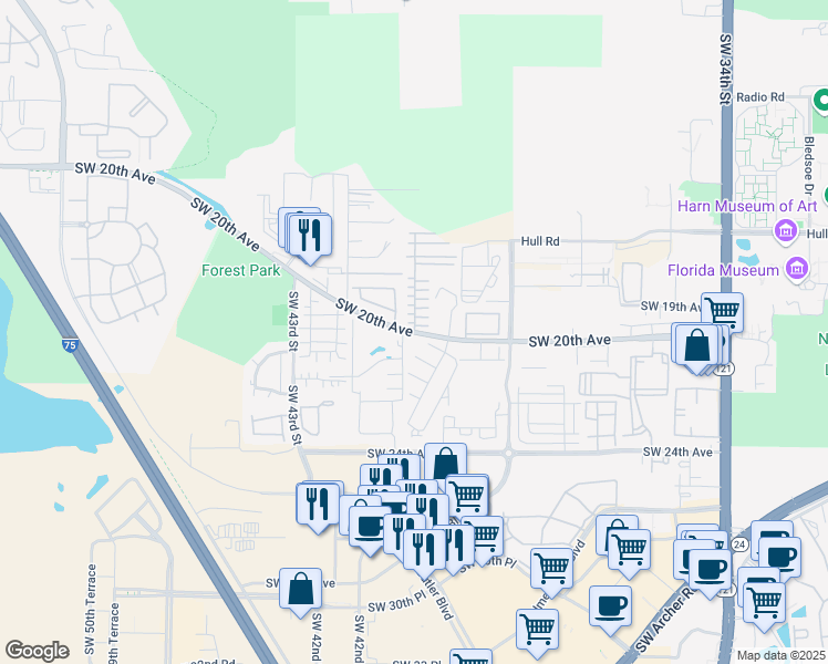 map of restaurants, bars, coffee shops, grocery stores, and more near 2845 Southwest 40 Terrace in Gainesville