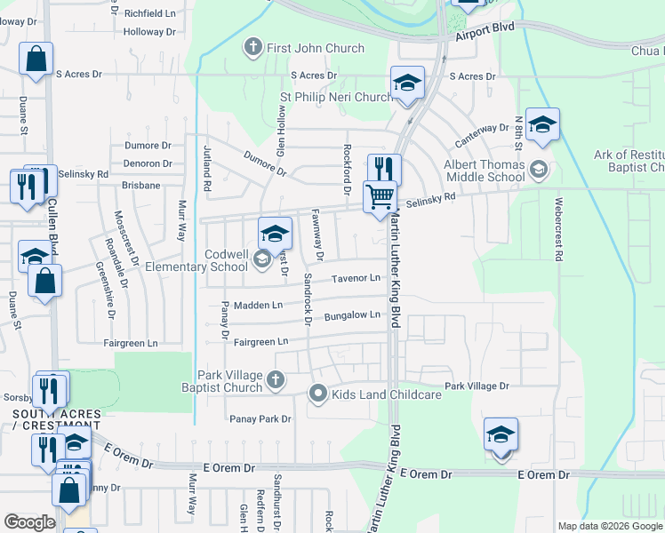 map of restaurants, bars, coffee shops, grocery stores, and more near 5311 Tavenor Lane in Houston