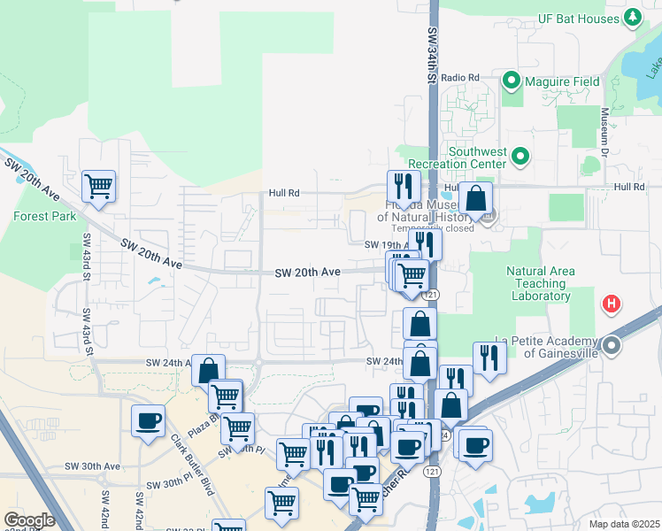 map of restaurants, bars, coffee shops, grocery stores, and more near 19 Southwest 20th Avenue in Gainesville