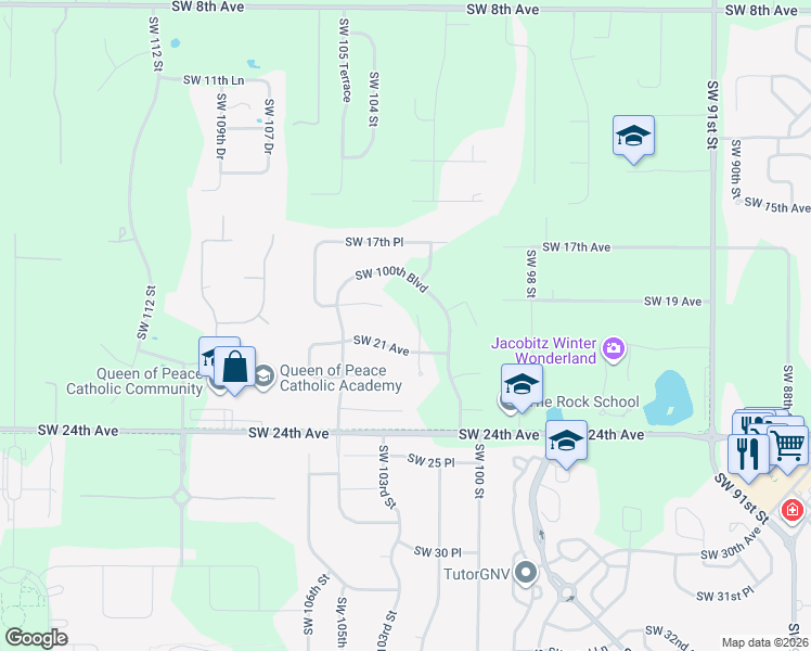 map of restaurants, bars, coffee shops, grocery stores, and more near 10306 Southwest 21 Avenue in Gainesville
