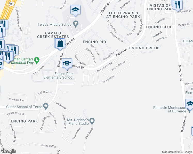 map of restaurants, bars, coffee shops, grocery stores, and more near 21131 Marin Hill in San Antonio