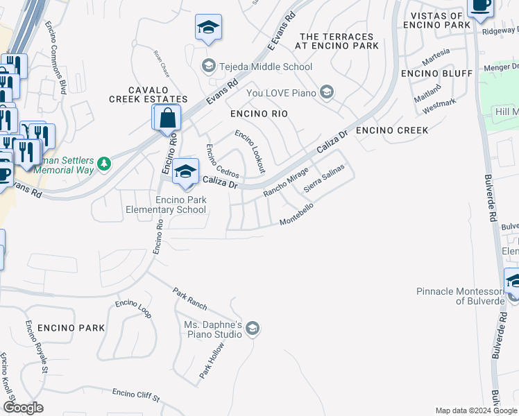 map of restaurants, bars, coffee shops, grocery stores, and more near 21134 Sierra Crest in San Antonio