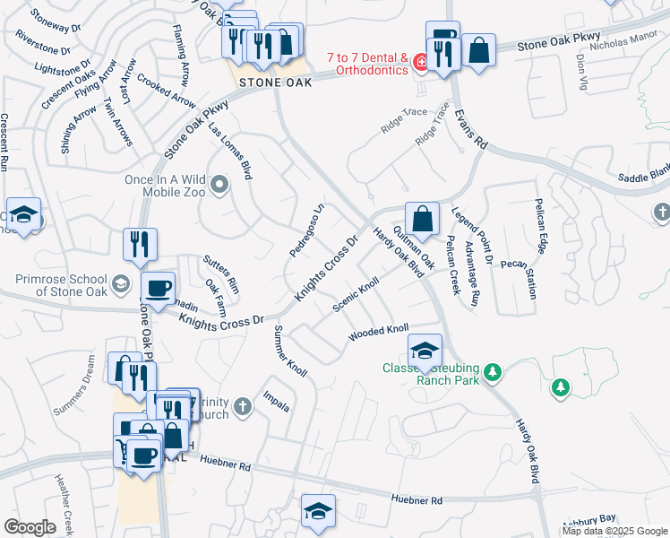 map of restaurants, bars, coffee shops, grocery stores, and more near 1226 Knights Cross Drive in San Antonio