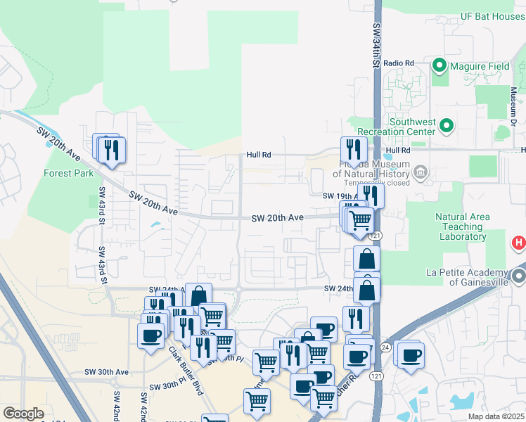 map of restaurants, bars, coffee shops, grocery stores, and more near 3800 Southwest 20th Avenue in Gainesville