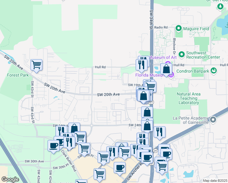 map of restaurants, bars, coffee shops, grocery stores, and more near 3650 Southwest 20th Avenue in Gainesville
