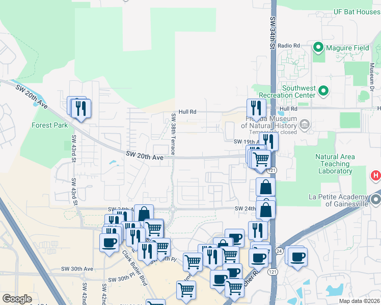 map of restaurants, bars, coffee shops, grocery stores, and more near 3800 Southwest 20th Avenue in Gainesville