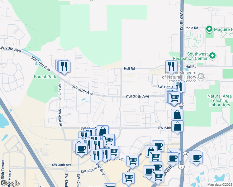 map of restaurants, bars, coffee shops, grocery stores, and more near 3901 Southwest 20th Avenue in Gainesville