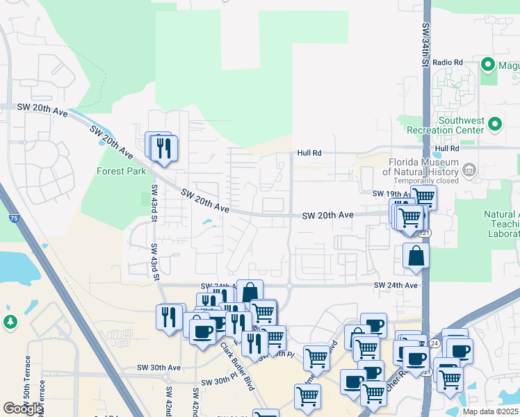 map of restaurants, bars, coffee shops, grocery stores, and more near 4001 Southwest 20th Avenue in Gainesville