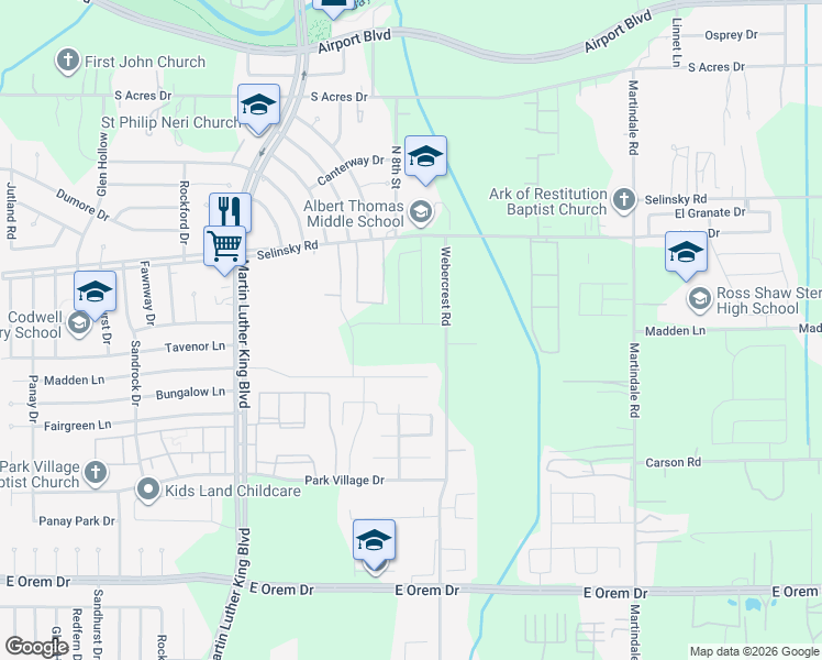 map of restaurants, bars, coffee shops, grocery stores, and more near 10450 Rosecroft Drive in Houston