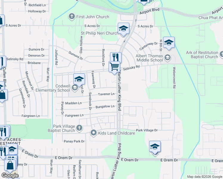 map of restaurants, bars, coffee shops, grocery stores, and more near 5431 Tavenor Lane in Houston