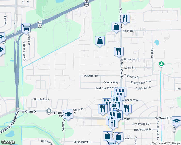 map of restaurants, bars, coffee shops, grocery stores, and more near 5722 Tidewater Drive in Houston