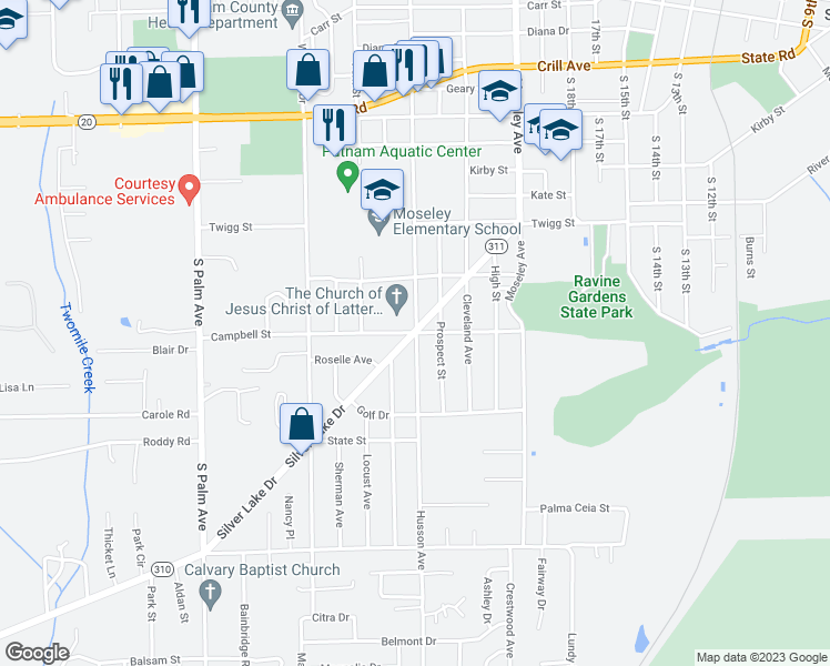 map of restaurants, bars, coffee shops, grocery stores, and more near 2313 Silver Lake Drive in Palatka