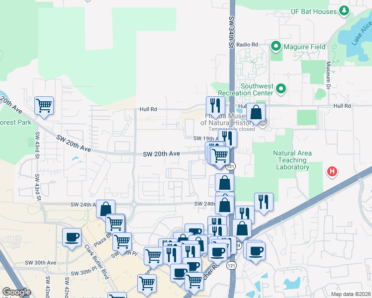 map of restaurants, bars, coffee shops, grocery stores, and more near 3600 Southwest 20th Avenue in Gainesville