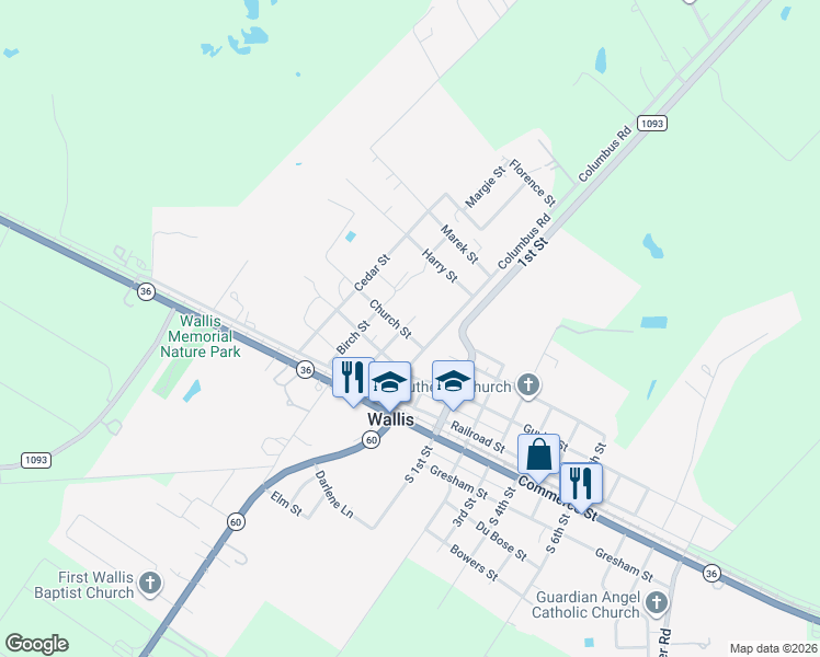 map of restaurants, bars, coffee shops, grocery stores, and more near 6622 Church Street in Wallis